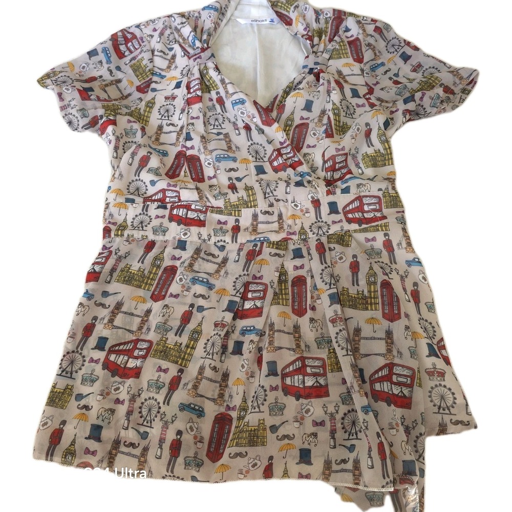 eShakti London Icons Print Top XL (FITS LIKE SMALL / MEDIUM) Big Ben Bus